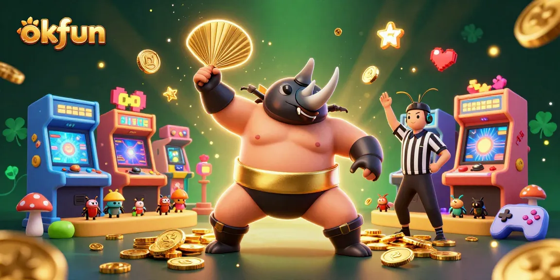 Experience okfun's thrilling atmosphere with a rhinoceros beetle sumo champion and dynamic gaming elements.