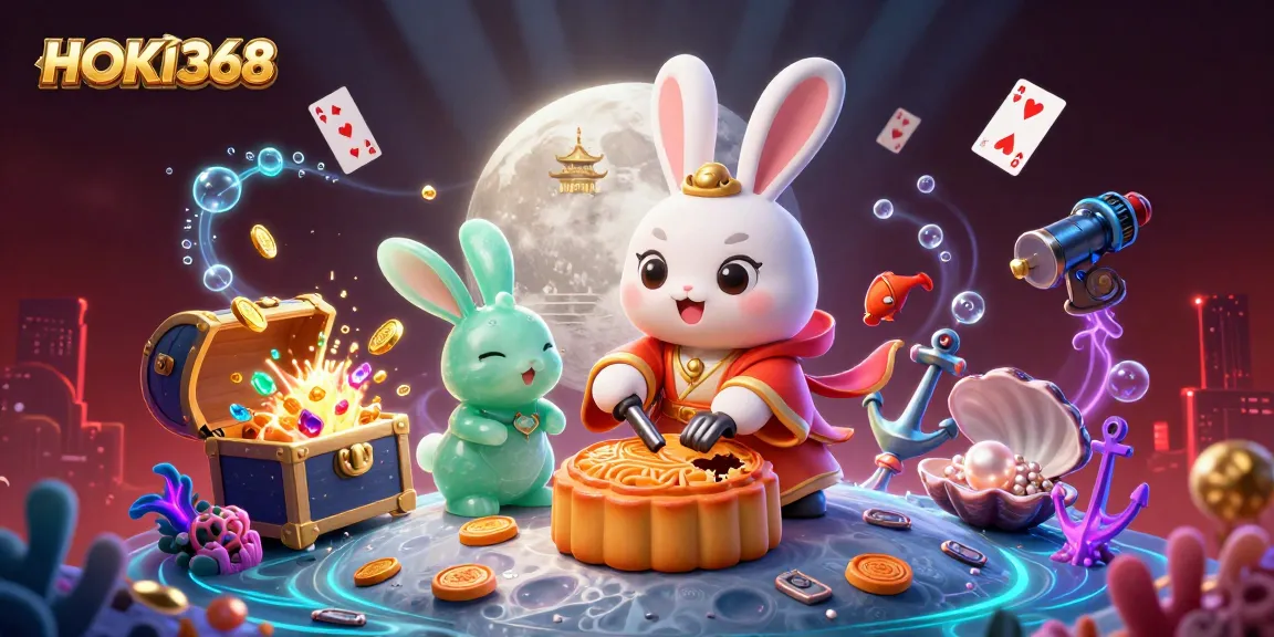 Experience HOKI368 with vibrant gaming elements in a whimsical moonlit scene, combining folklore with online gambling.