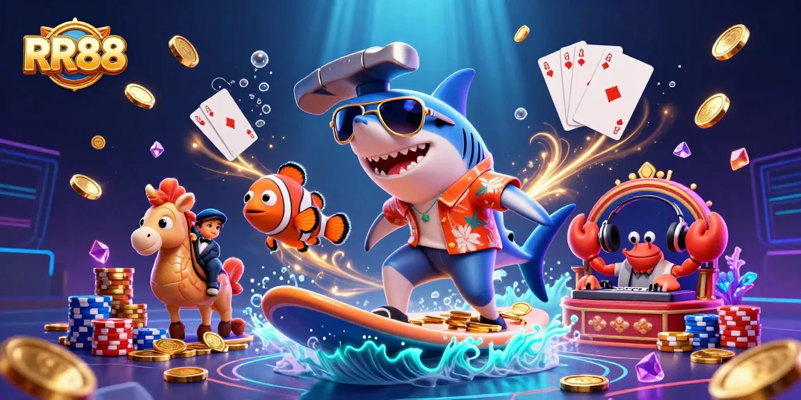 Immerse in RR88's world, where a shark surfs coins while gaming elements ignite excitement.
