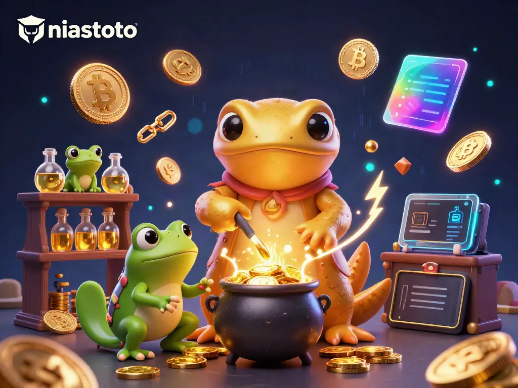 Engage with niastoto through a vibrant 3D illustration of gambling alchemists creating gold.