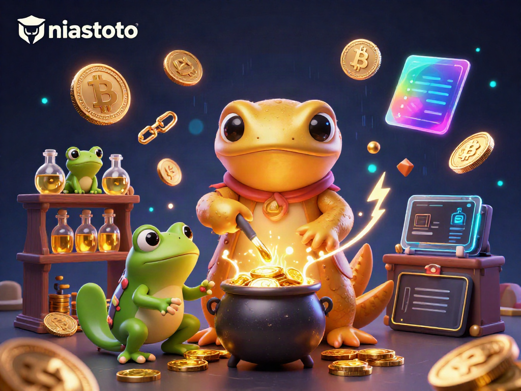 Engage with niastoto through a vibrant 3D illustration of gambling alchemists creating gold.