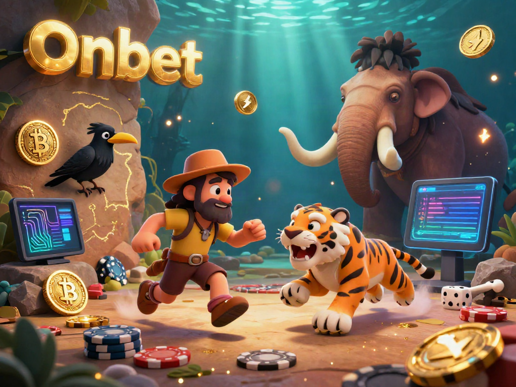 Experience thrill at Onbet with a prehistoric casino featuring vibrant characters and dynamic game elements.