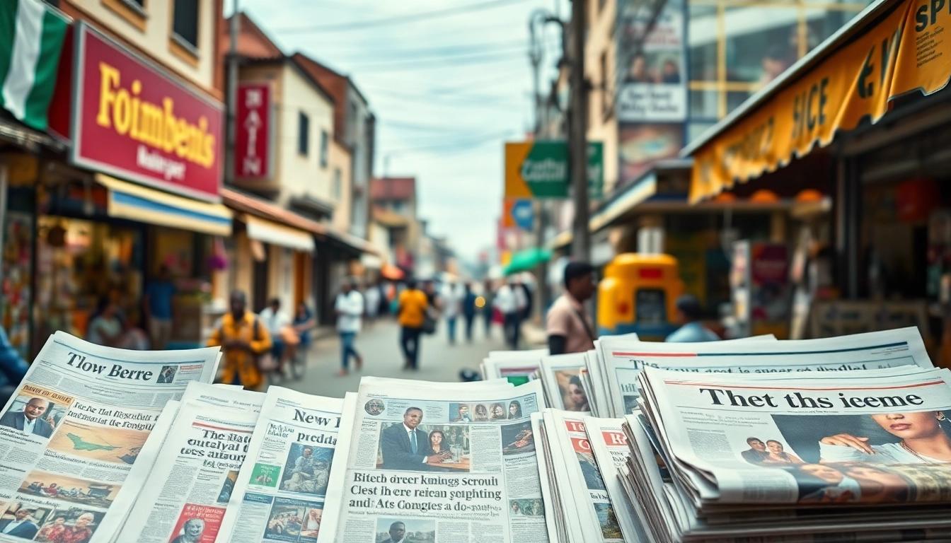 Nigerian Newspapers displayed on a newsstand in a busy urban setting, showcasing vibrant headlines.