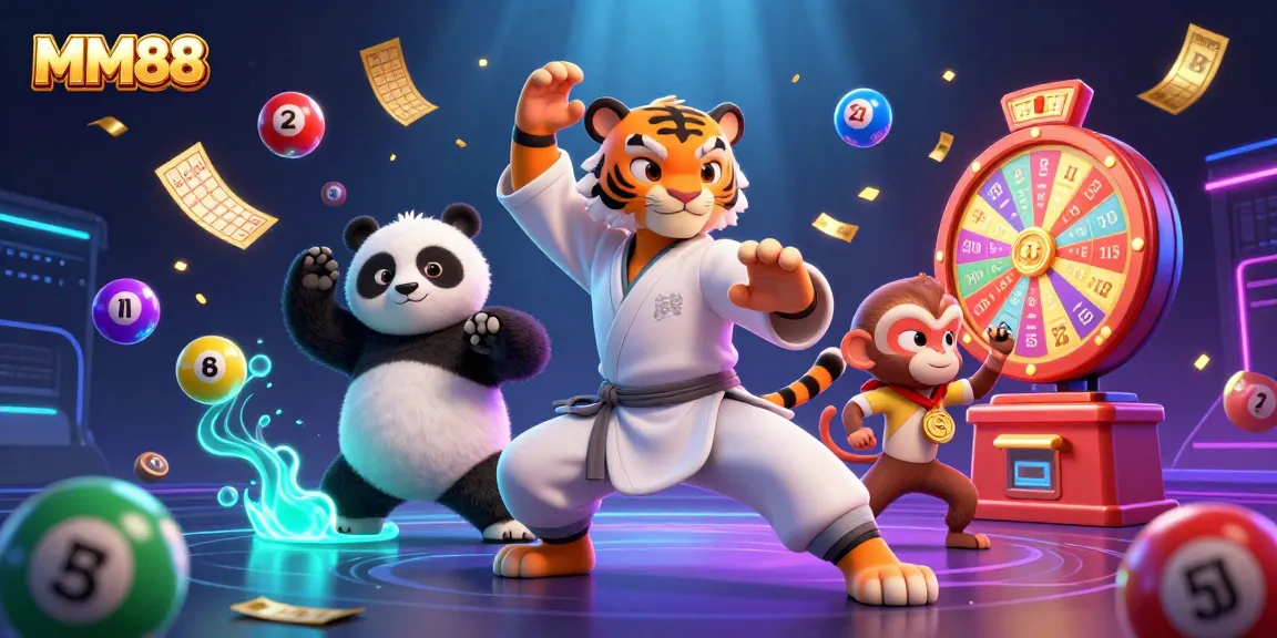 Engage with MM88 as the kung fu tiger master leads exciting lottery games amidst vibrant colors and dynamic elements.