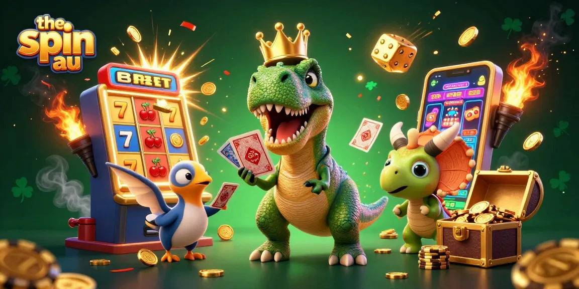 Experience the excitement at the spin au with a T-Rex shuffling cards, surrounded by slot machine winnings.