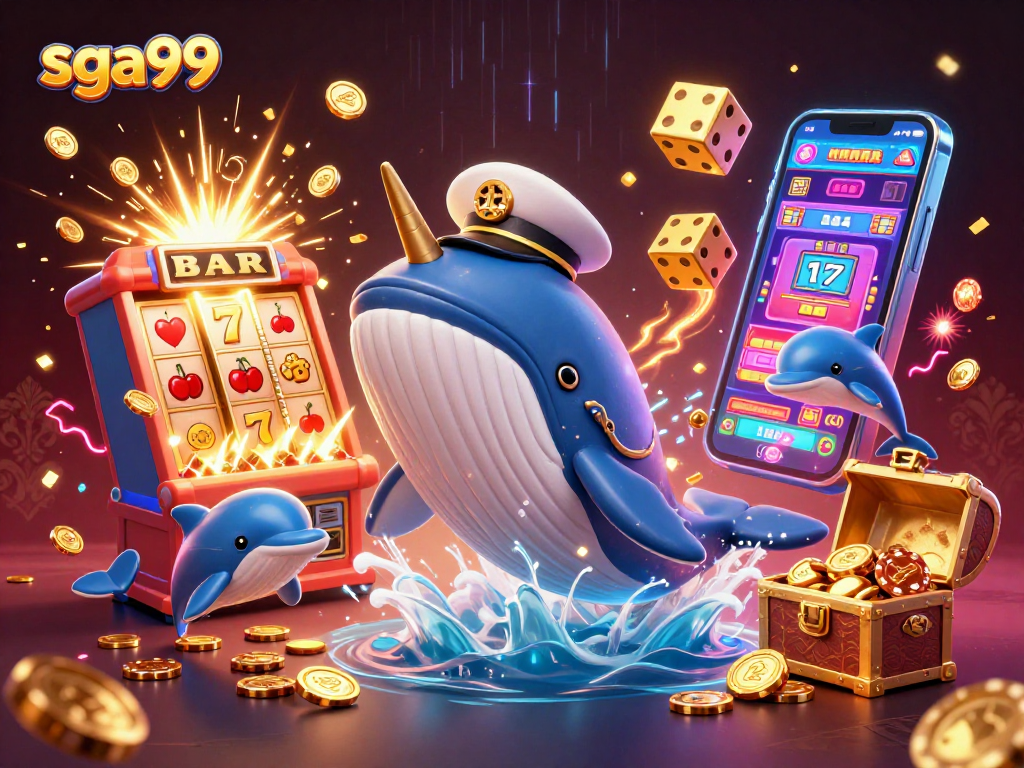 Experience the thrill of sga99 with a vibrant scene of gambling excitement featuring a whale in a captain's coat.