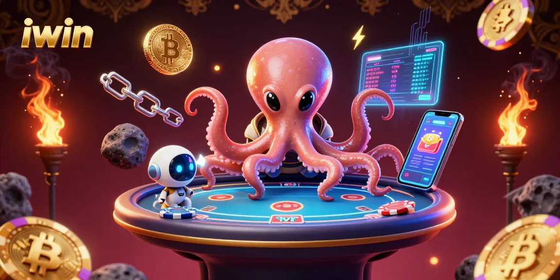 Engage with iwin's alien octopus at a holographic poker table amidst crypto-themed elements.