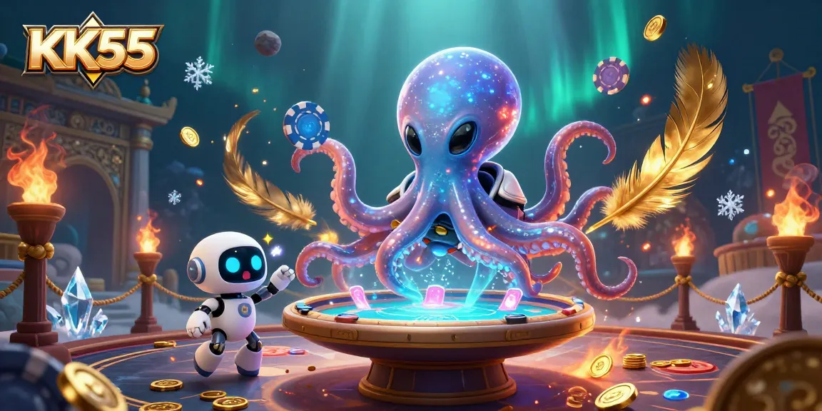 Engage in thrilling gambling adventures with KK55 under a cosmic casino scene featuring an alien octopus and vibrant poker elements.