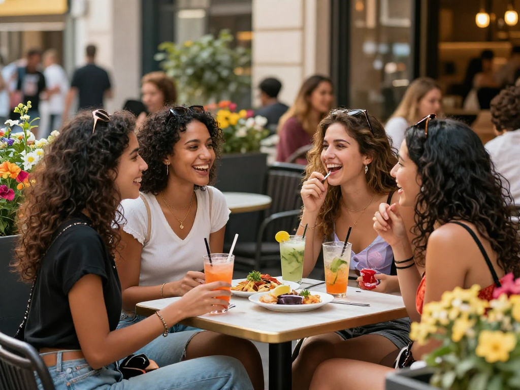 Nhóm gái gọi vui vẻ trò chuyện tại quán cafe ngoài trời, thể hiện phong cách sống hiện đại.