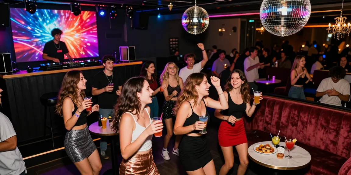 Partygoers at a vibrant nightclub with Club21ids novelty IDs, enjoying drinks and dancing under colorful lights.