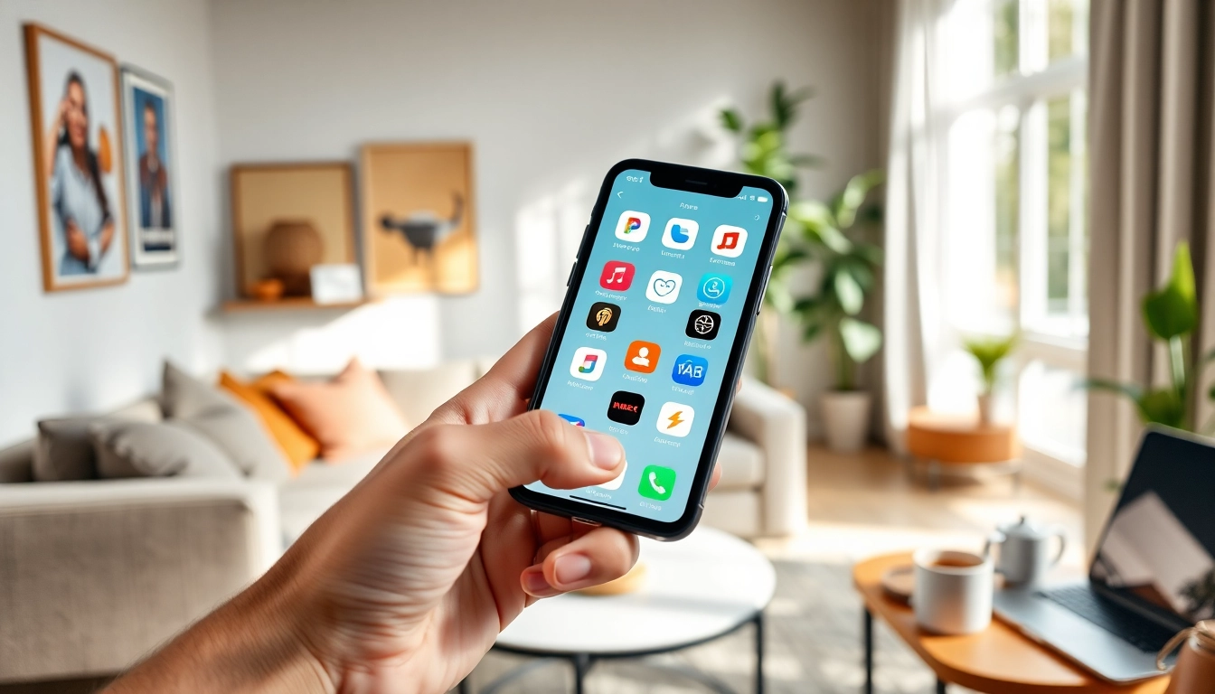 Highlighting top american apps displayed on a smartphone in a modern living room setting.