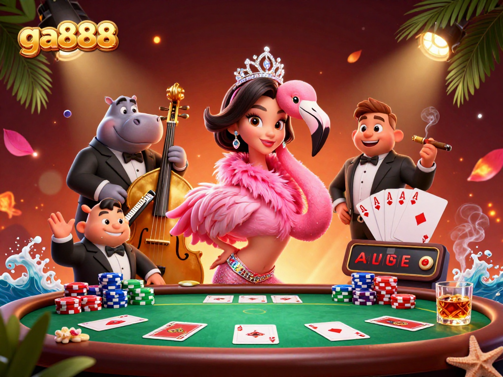 Experience the thrill of ga888 with a lively poker party featuring flamingo singers and vibrant casino elements.