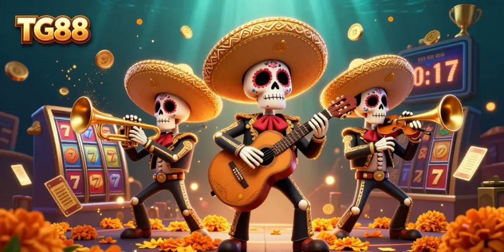 Experience the excitement of TG88 casino with vibrant illustrations of mariachi skeletons amidst dynamic gambling elements.