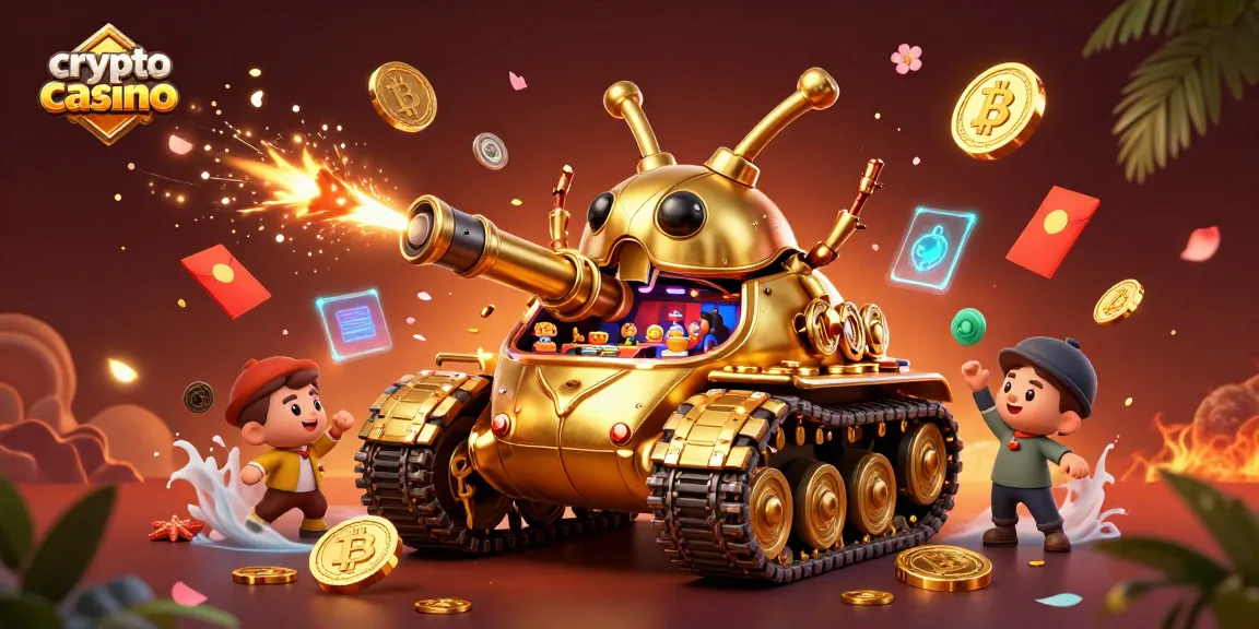 Gioca nel crypto casino con una sorprendente illustrazione 3D di una tanica dorata che svela un mini casinò.