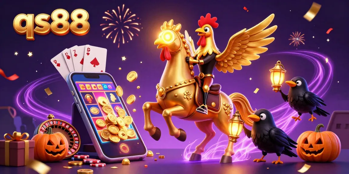 Engage with the exciting qs88 casino experience featuring a golden rooster in a dynamic midnight scene surrounded by colorful slot games and festive graphics.