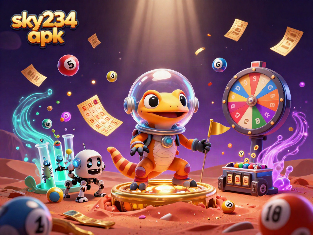 Engage with sky234 apk as a Martian gecko explores a vibrant casino scene filled with lottery elements.