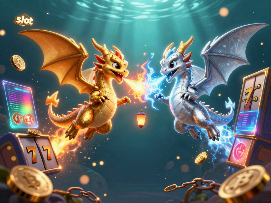 Experience thrilling slots gameplay with vibrant dragons and crypto elements in this vibrant 3D illustration.