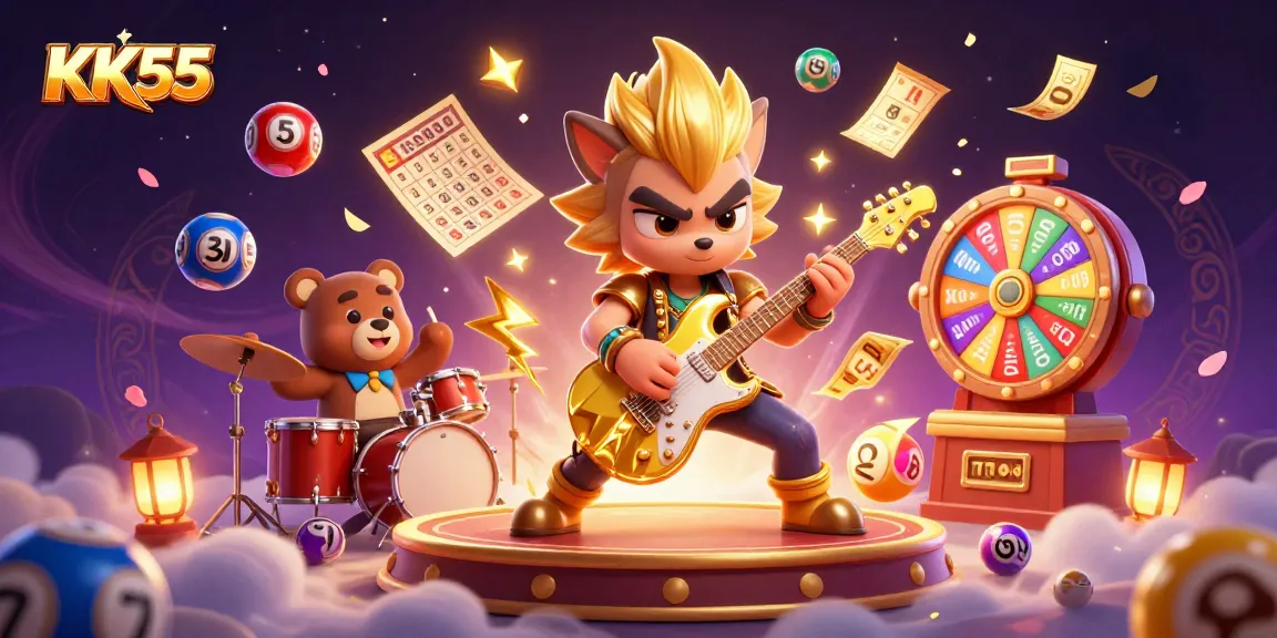 Experience the excitement at KK55 with a vibrant casino scene featuring animated characters and lively gambling elements.
