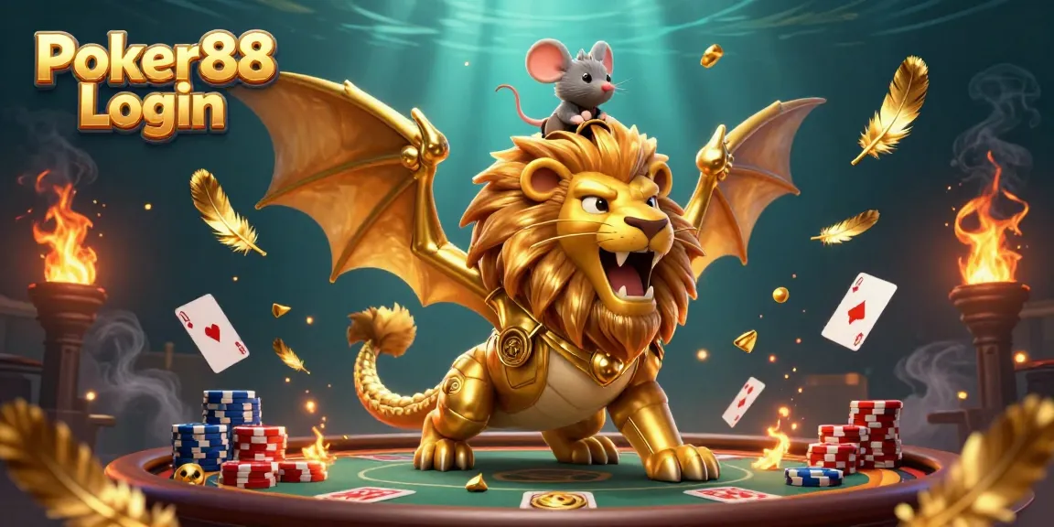 Experience dynamic Poker88 Login action with golden chimera and poker elements in vibrant 3D