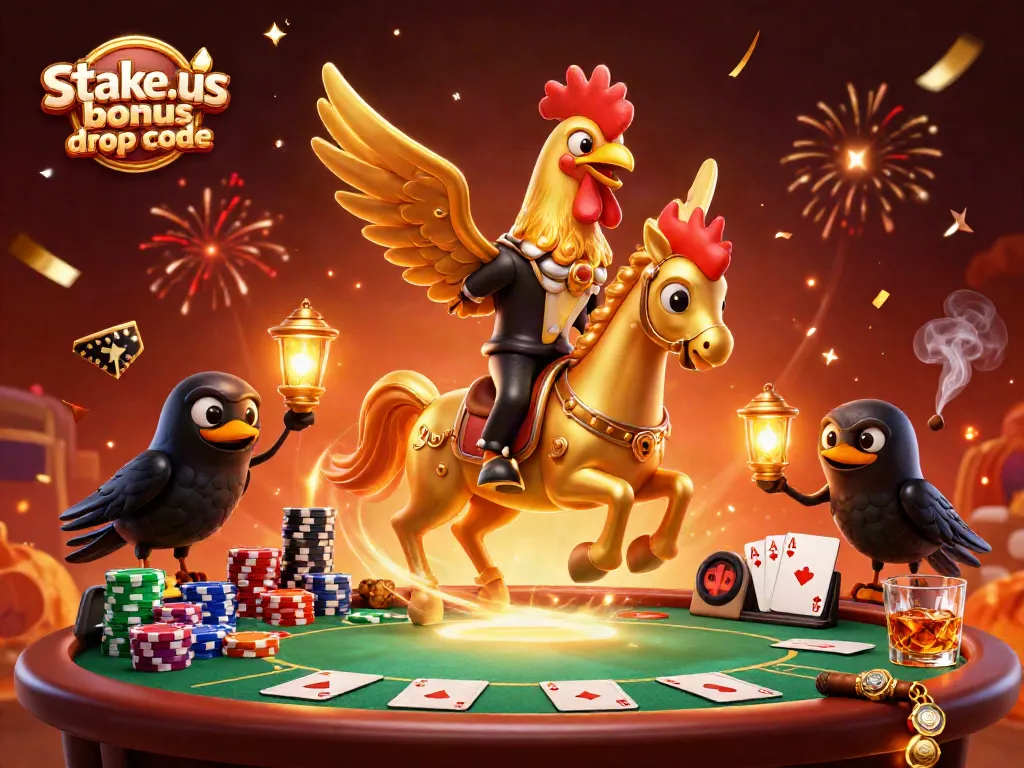 Claim rewards with stake.us bonus drop code in a vibrant, magical casino scene.
