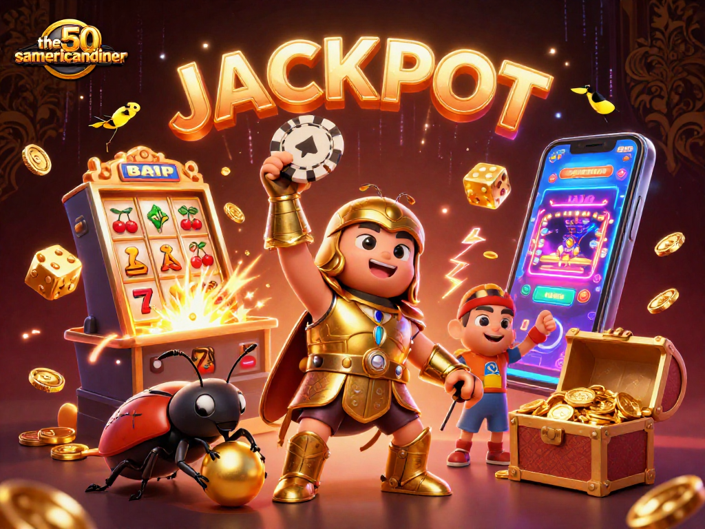 Experience the thrill of winning at the50samericandiner with cartoon beetles celebrating a jackpot.