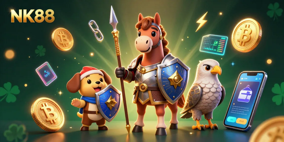 Engage with NK88 by playing thrilling casino games illustrated in a vibrant 3D scene.