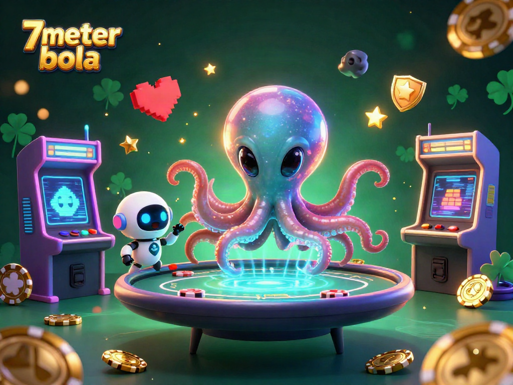 Experience thrilling gameplay with 7meter bola at a holographic poker table in a vibrant, dynamic scene.