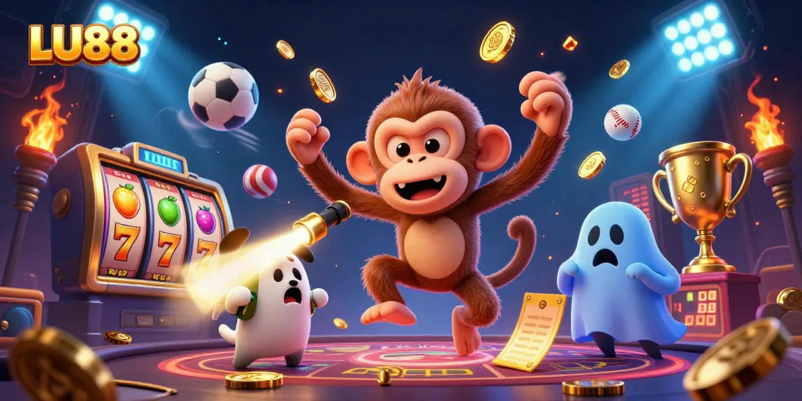 LU88 attracts players with a thrilling scene of golden treasures and playful characters in a haunted casino atmosphere.