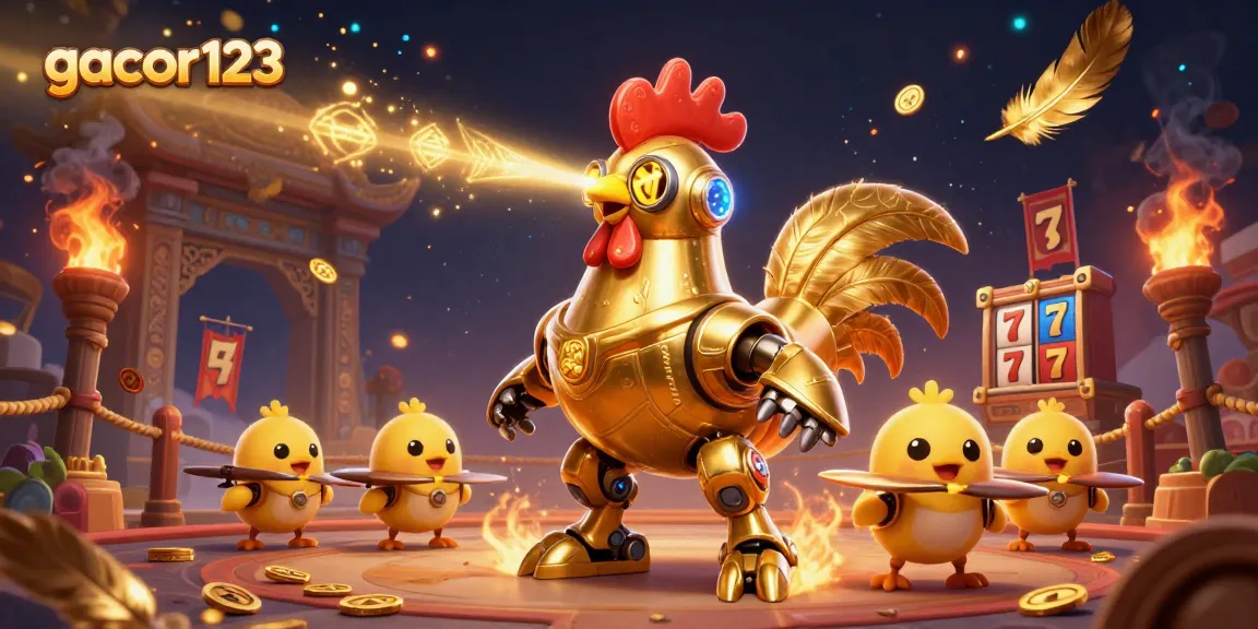 Experience the excitement of gacor123 with a golden rooster robot shooting lasers amidst slot reels and a vibrant casino scene.