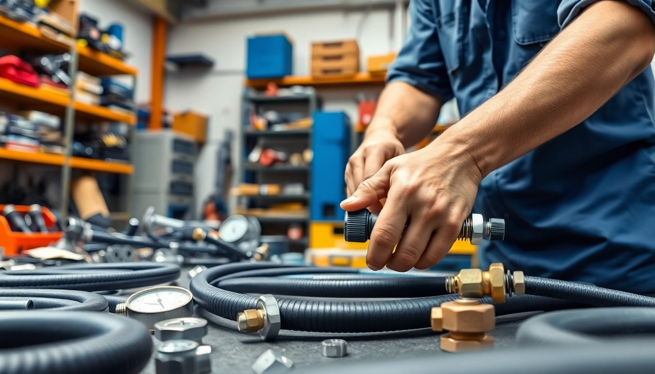 Expert hydraulic hose repair in a professional workshop showcasing tools and components.