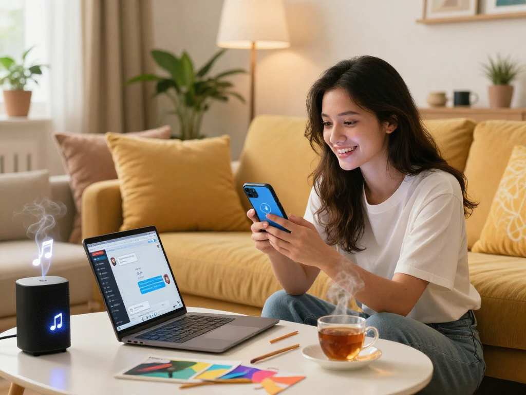 Engaging with an AI girlfriend app in a vibrant living room setting, capturing the essence of modern relationships.