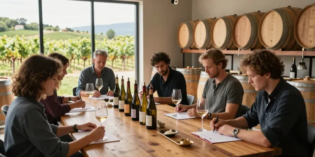 Winemakers collaborating in the AVP Wine Collective winery, tasting and blending wines.