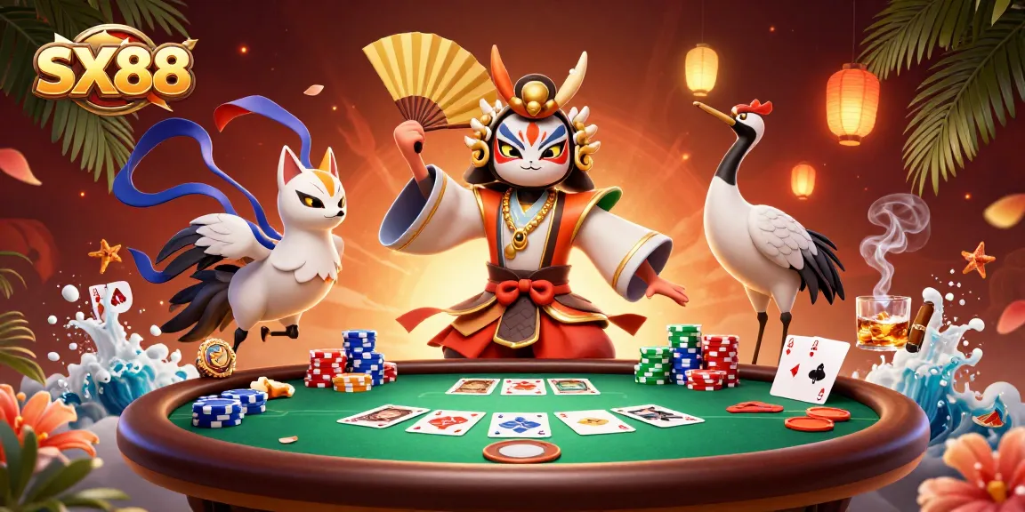 SX88 captivates with a vibrant 3D scene of a kabuki warrior and poker elements, enhancing the gaming thrill.
