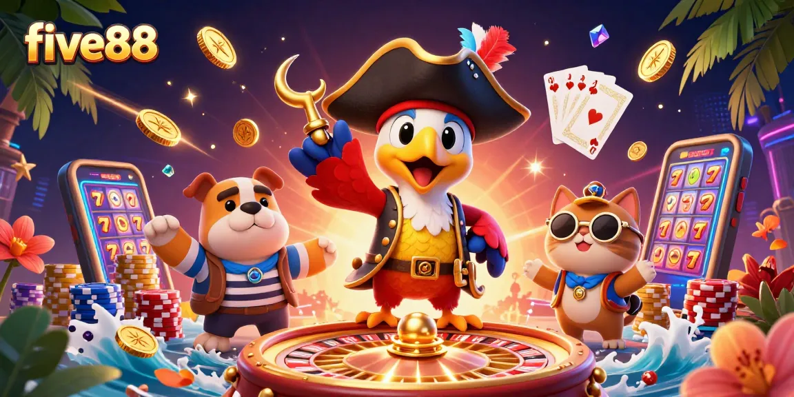 Experience five88's thrilling casino atmosphere with pirate-themed characters and dynamic gaming elements.