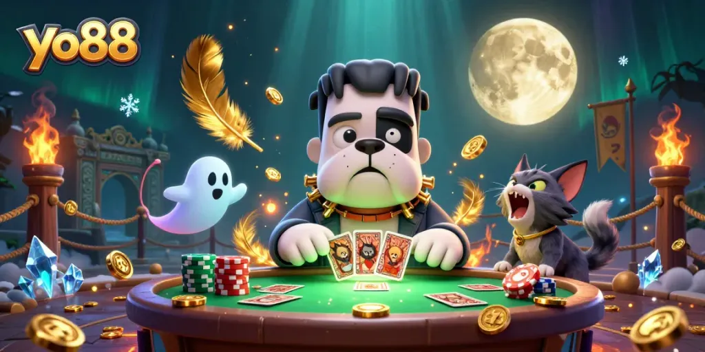 yo88 casino game scene with a bulldog dealer, ghost mouse, and werewolf kitten.