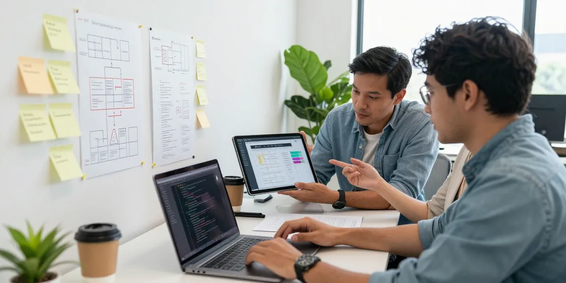 Build internal tools with AI in a collaborative software development workspace with professionals coding and strategizing.