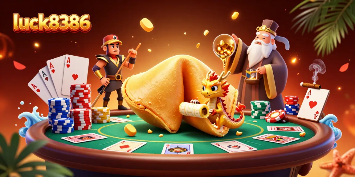 Experience luck8386 thrills with vibrant casino action featuring poker chips and fortune cookies.
