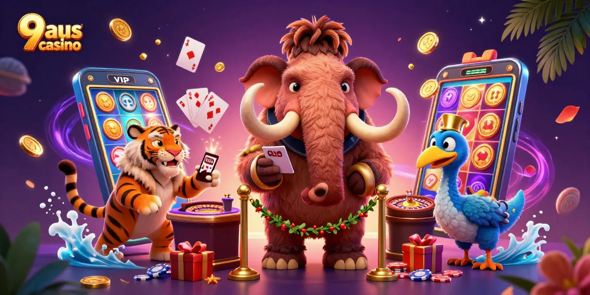 Experience the excitement of the 9aus casino with fun characters, slot games, and vibrant casino décor.