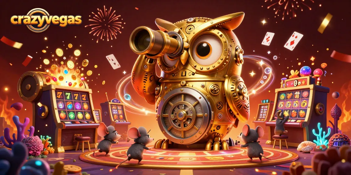 Experience the excitement of crazyvegas with a captivating illustration of a clockwork owl scanning a vibrant casino scene.