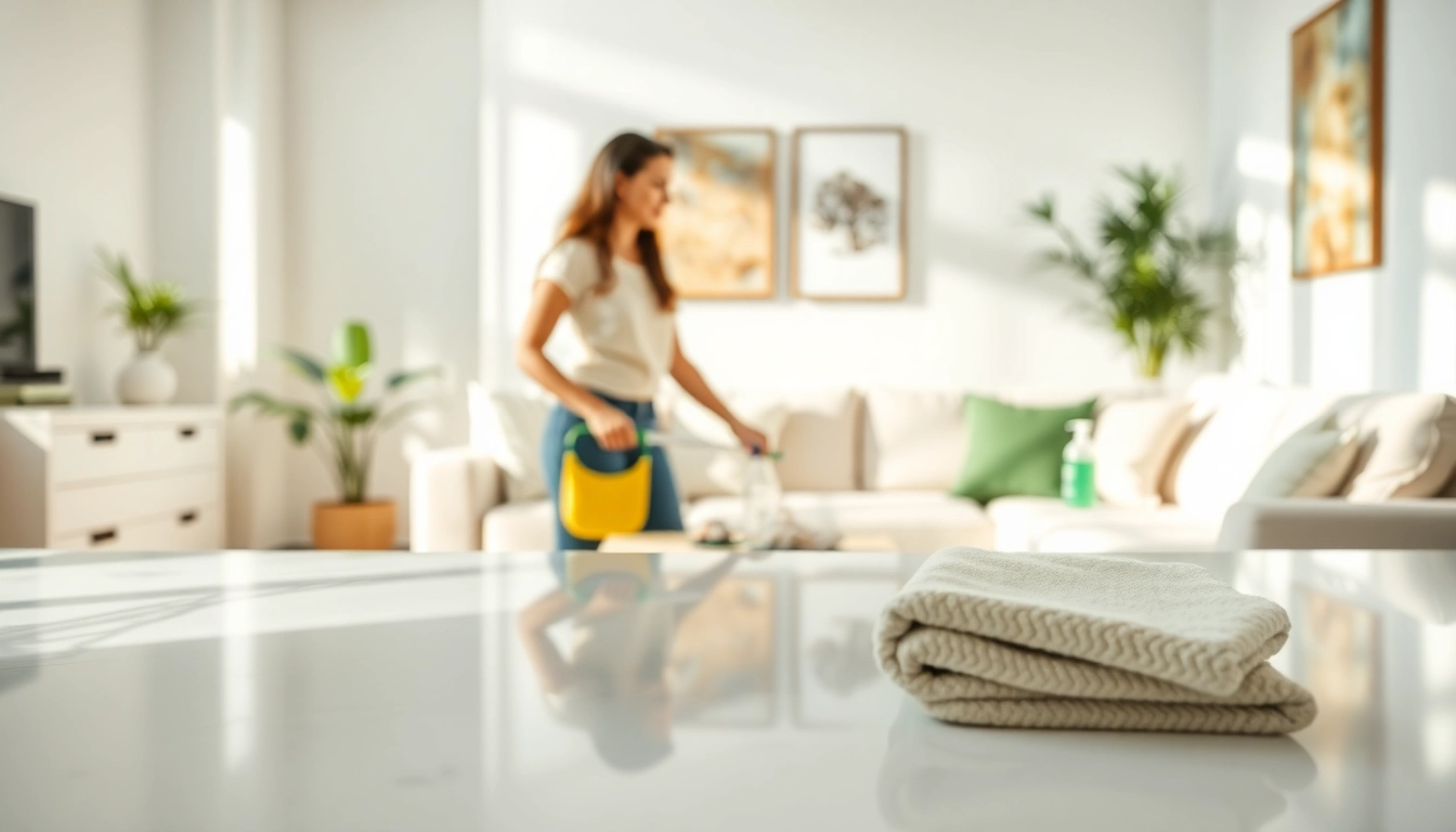 Efficient bond cleaning in a bright apartment showcasing eco-friendly supplies and spotless surfaces.