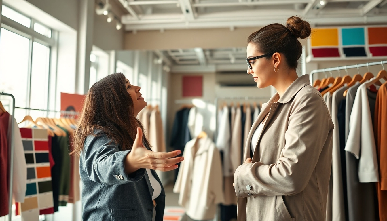 How to find my Perfect outfit showcased by a stylist in a vibrant fashion studio setting.