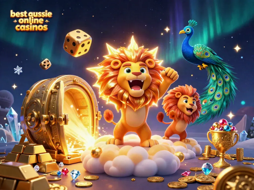 Explore the best Aussie online casinos with a vibrant 3D scene filled with gold treasures and playful characters.