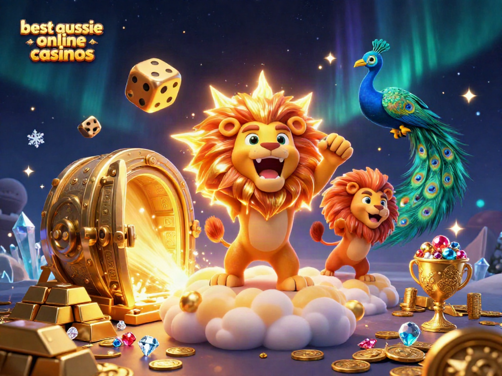 Explore the best Aussie online casinos with a vibrant 3D scene filled with gold treasures and playful characters.