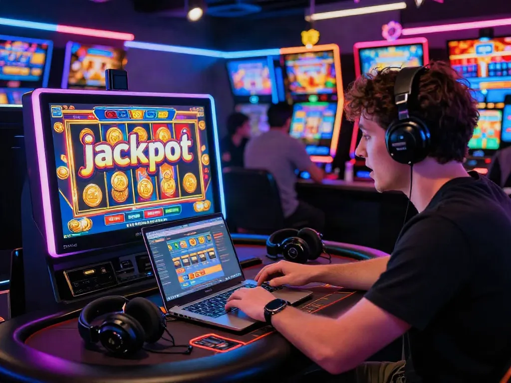 Player enjoying slot jackpot excitement at a virtual casino, surrounded by colorful game graphics.