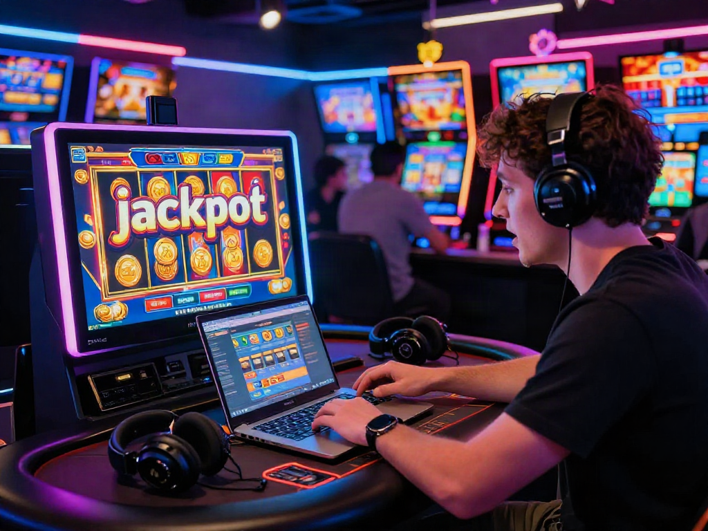 Player enjoying slot jackpot excitement at a virtual casino, surrounded by colorful game graphics.