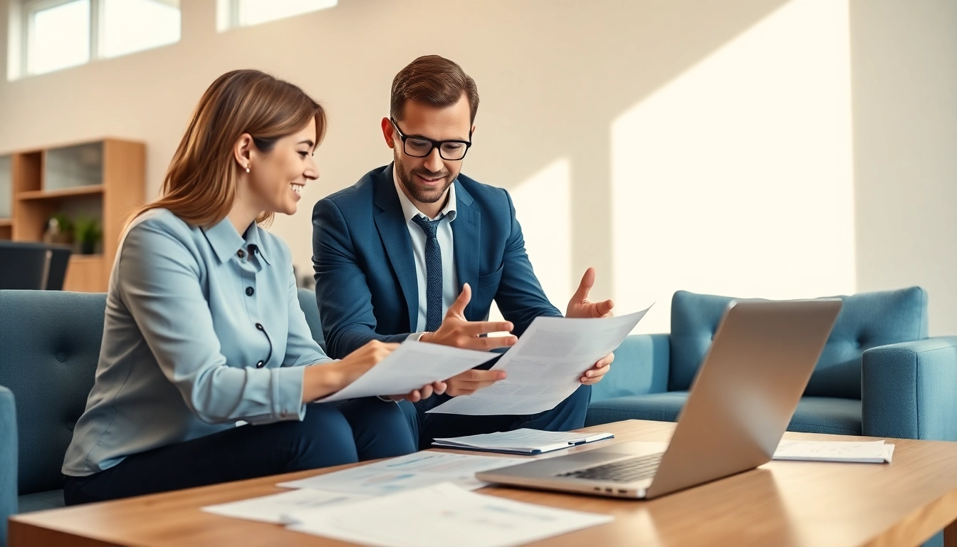 Engaging financial consultant explaining uk merchant cash advance options in a modern office.