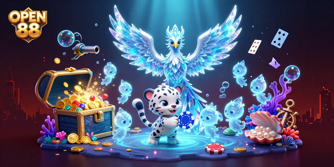 Experience the thrill of OPEN 88 with a vibrant 3D scene featuring an ice phoenix and poker action.