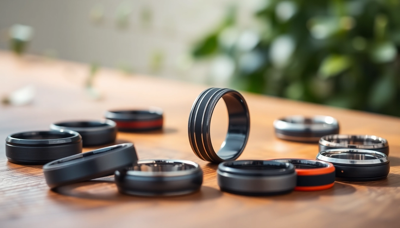 Showcasing dark mens wedding bands with elegant designs and textures in a natural wood setting.