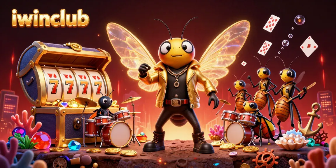 Win big at iwinclub with vibrant 3D casino scene featuring a rock star cicada and dynamic slot elements.