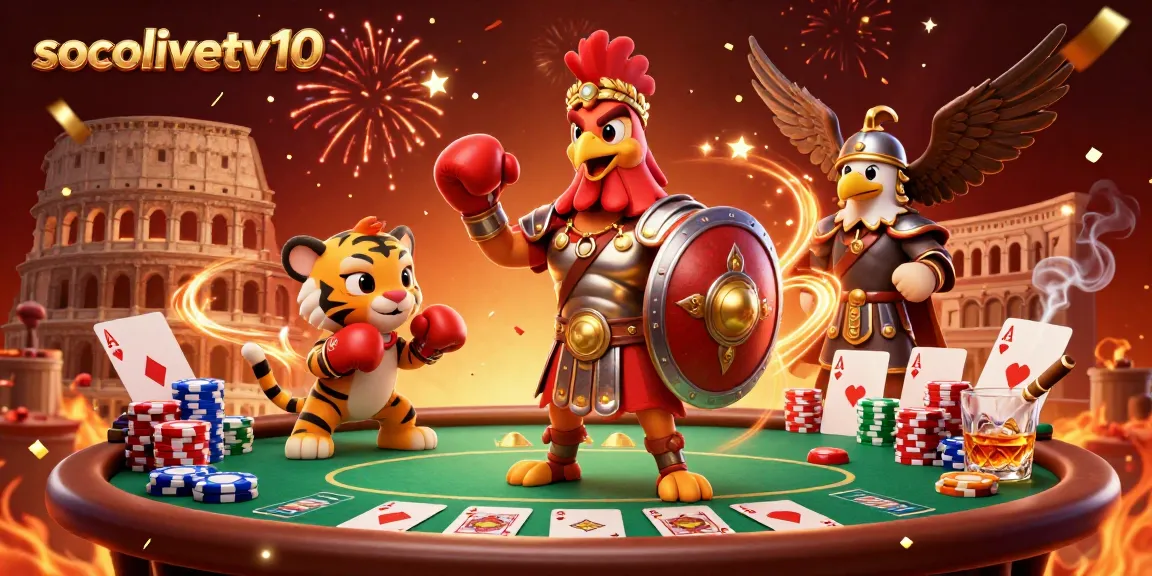 Experience the thrilling action of socolivetv10 with a lively 3D casino scene showcasing a gladiator rooster and poker elements.